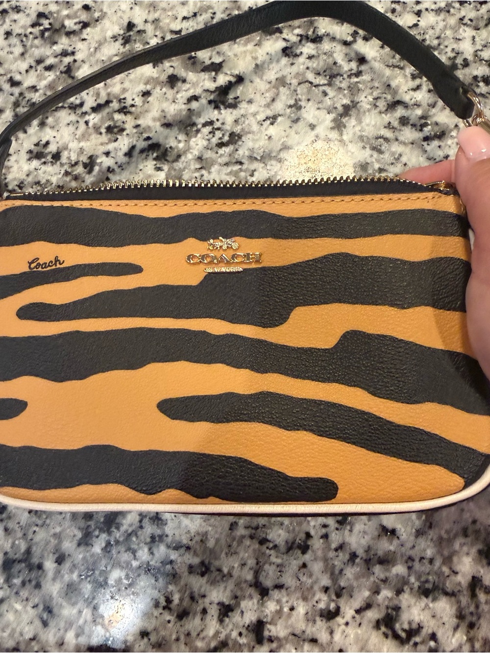 Coach Tiger-Stripe Leather Wristlet in Tan and Black